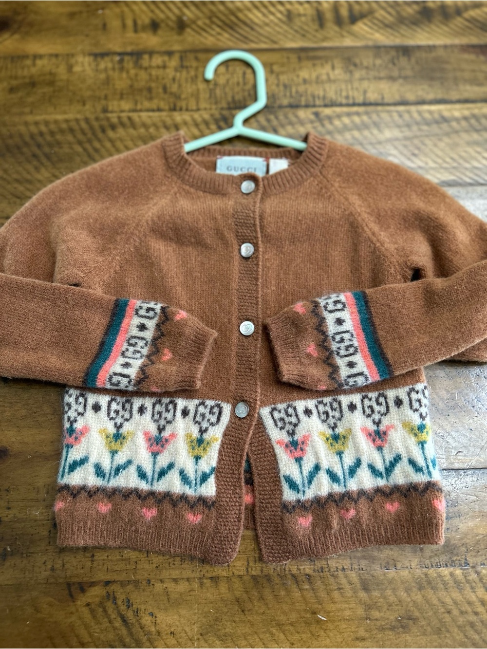 Gucci Kids Rust Brown Floral GG Knit Cardigan